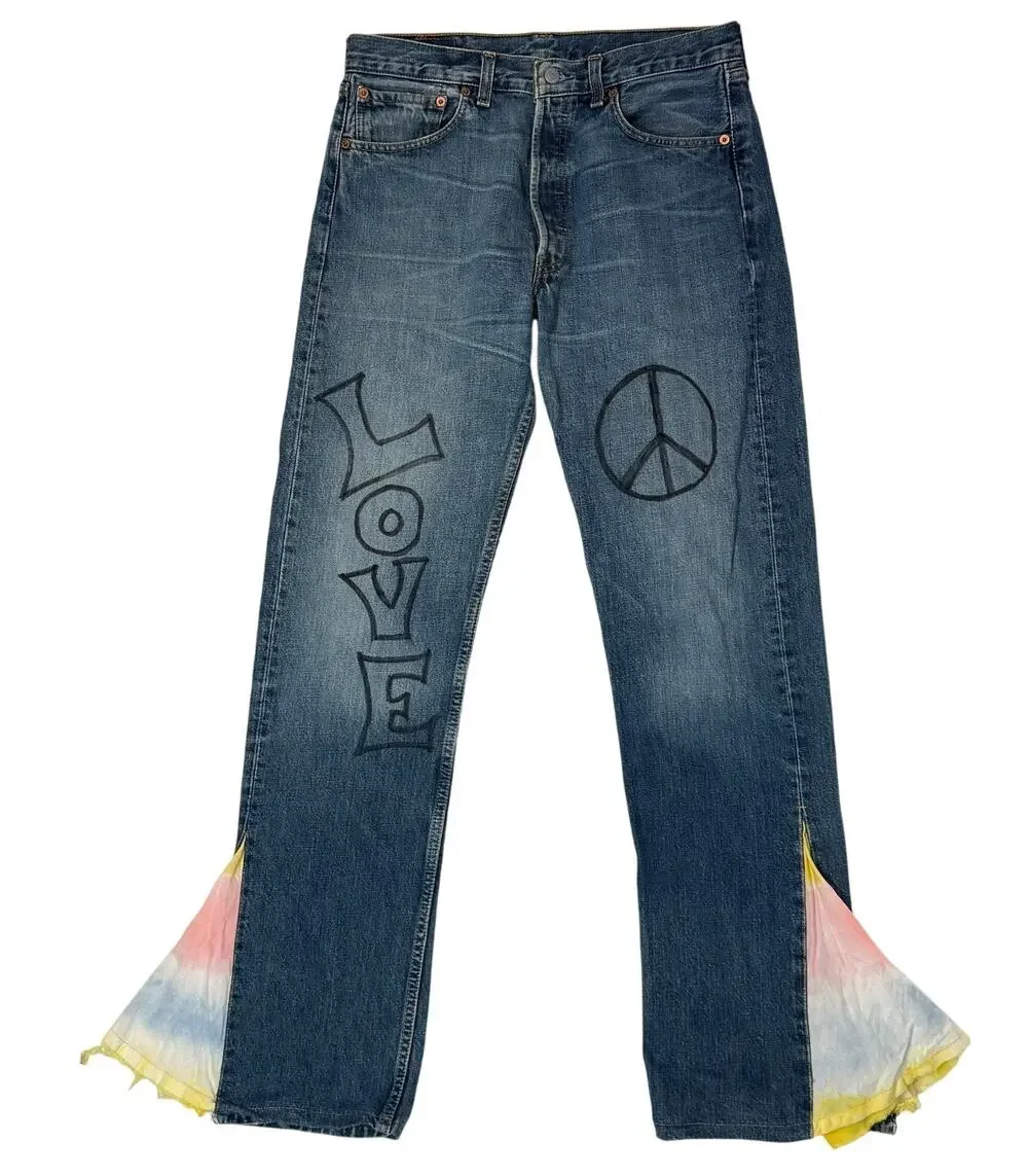 Vintage 90s Levi’s 501 Denim Jeans 32x34 Peace Love Freedom Tie Dye